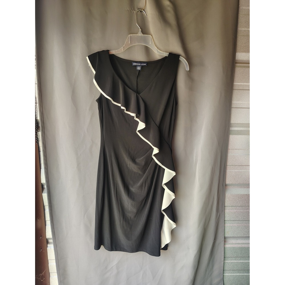 American‎ Living Womens Black White Ruffle Sheath Dress Size 8 V-Neck Sleeveless